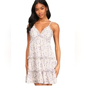 NWT Lulus Lilac and White Floral Ruffle Tiered Mini Dress
